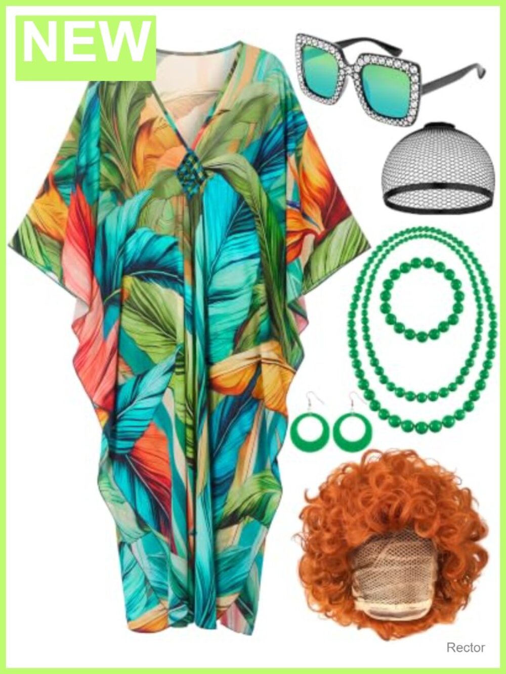 Landlady Costume Set Caftan Dress Wig Jewelry Sunglasses Halloween